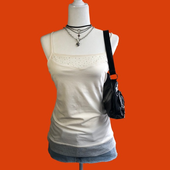 Express Tops - Vintage Y2K Express Rhinestone Embellished Mesh Cami Tank Top Size Large Cream